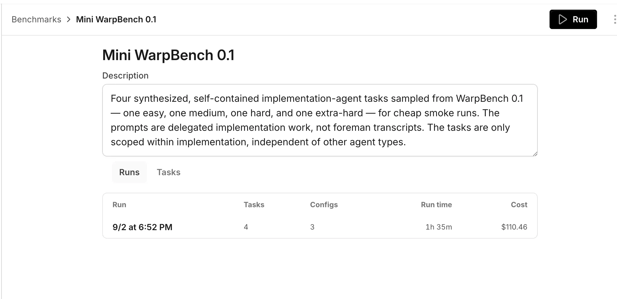 The Runs tab for a benchmark suite, with task, configuration, run time, and cost columns.
